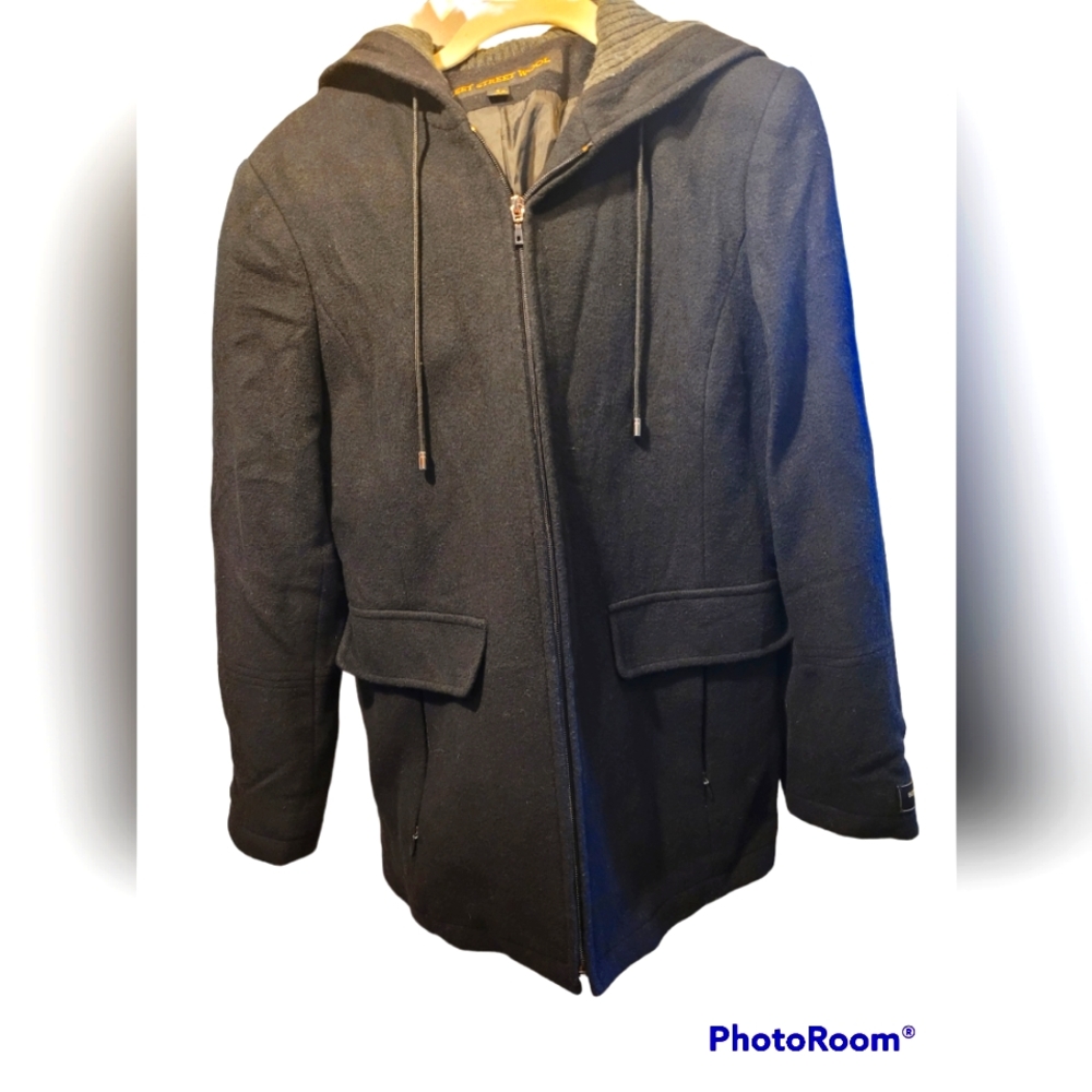 NWOT Fleet Street Wool Winter Coat  Black With Hood Size Small Italy